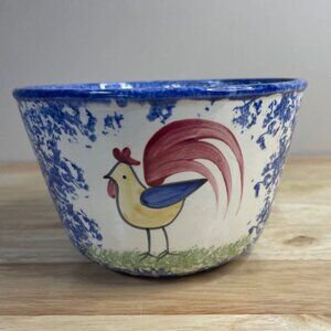 Molly Dallas Hand-Painted Ceramic Rooster Bowl Blue Spongeware Spatter Pottery